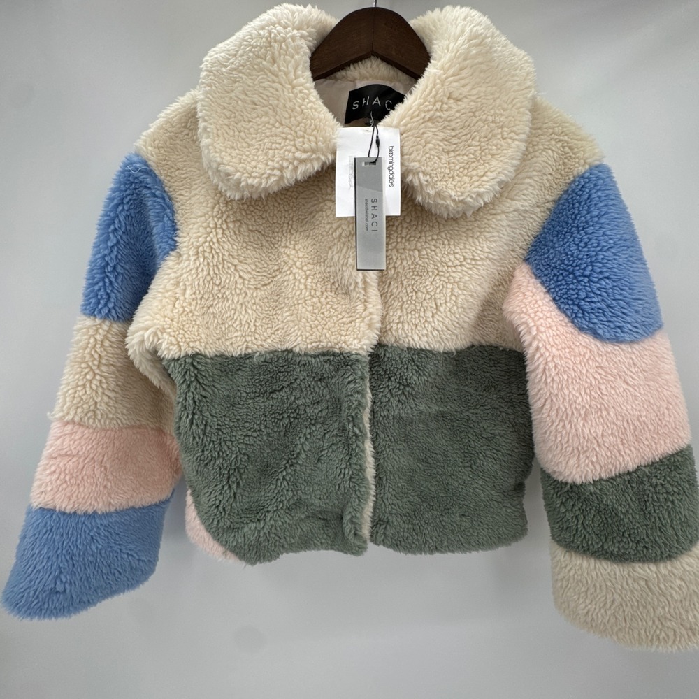 SHACI Baxter Faux Fur Jacket Womens Small Multicolor Colorblock Vegan Sherpa